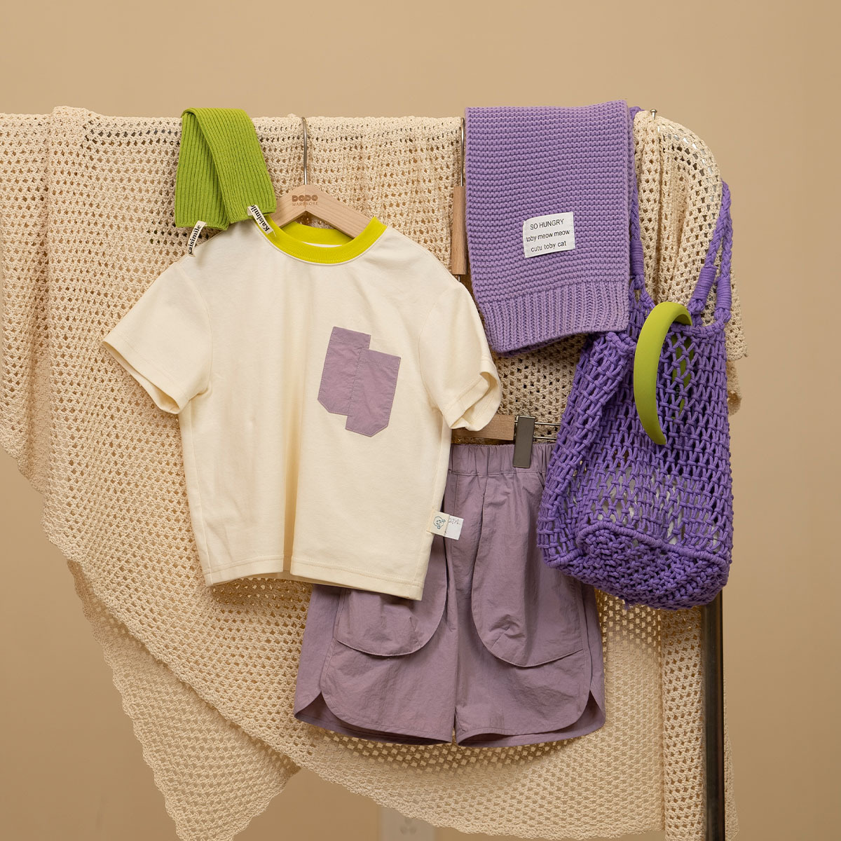 DODO Wardrobe - 白色併色口袋潮童休閒套裝