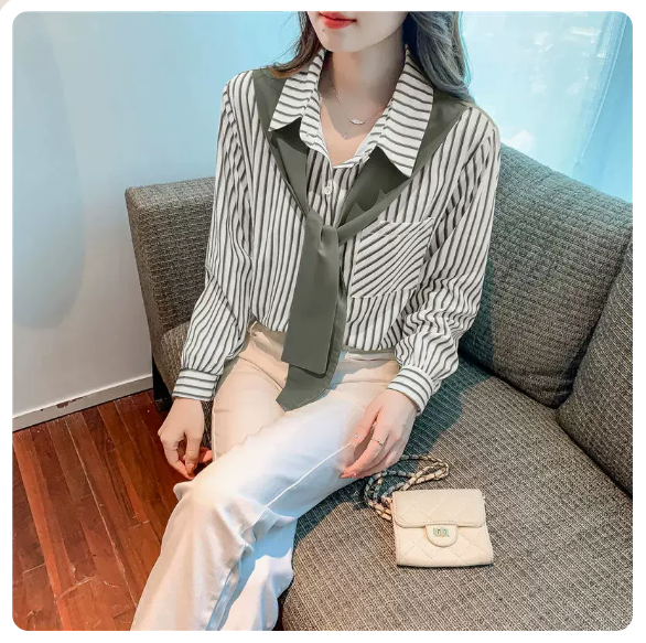 Loose shawl fake two long-sleeved shirts (gray stripes Size: S-3XL) (please contact customer service to confirm the shipping size after placing an order)