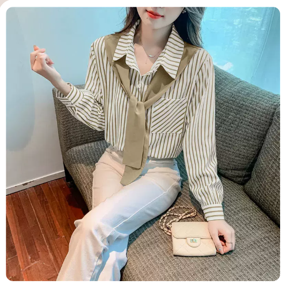 Loose shawl fake two long-sleeved shirts (khaki stripes Size: S-3XL) (please contact customer service to confirm the shipping size after placing an order)