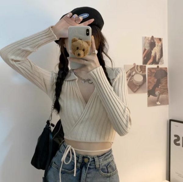 Lace-up sweater cardigan (apricot) (size: one size)