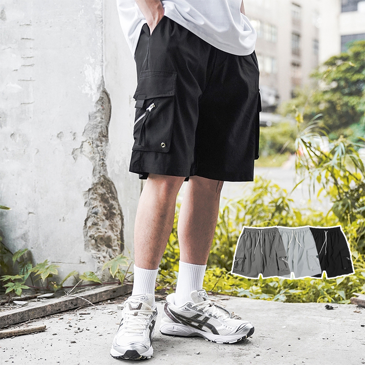 工裝短褲 拉鍊口袋 挺版彈力布料