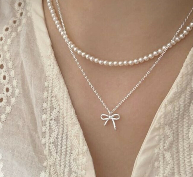 雙層珍珠蝴蝶結純銀項鍊