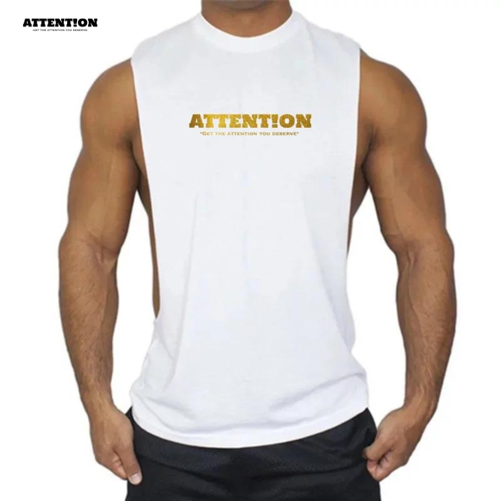 【白色燙金款】Attention 運動挖背背心