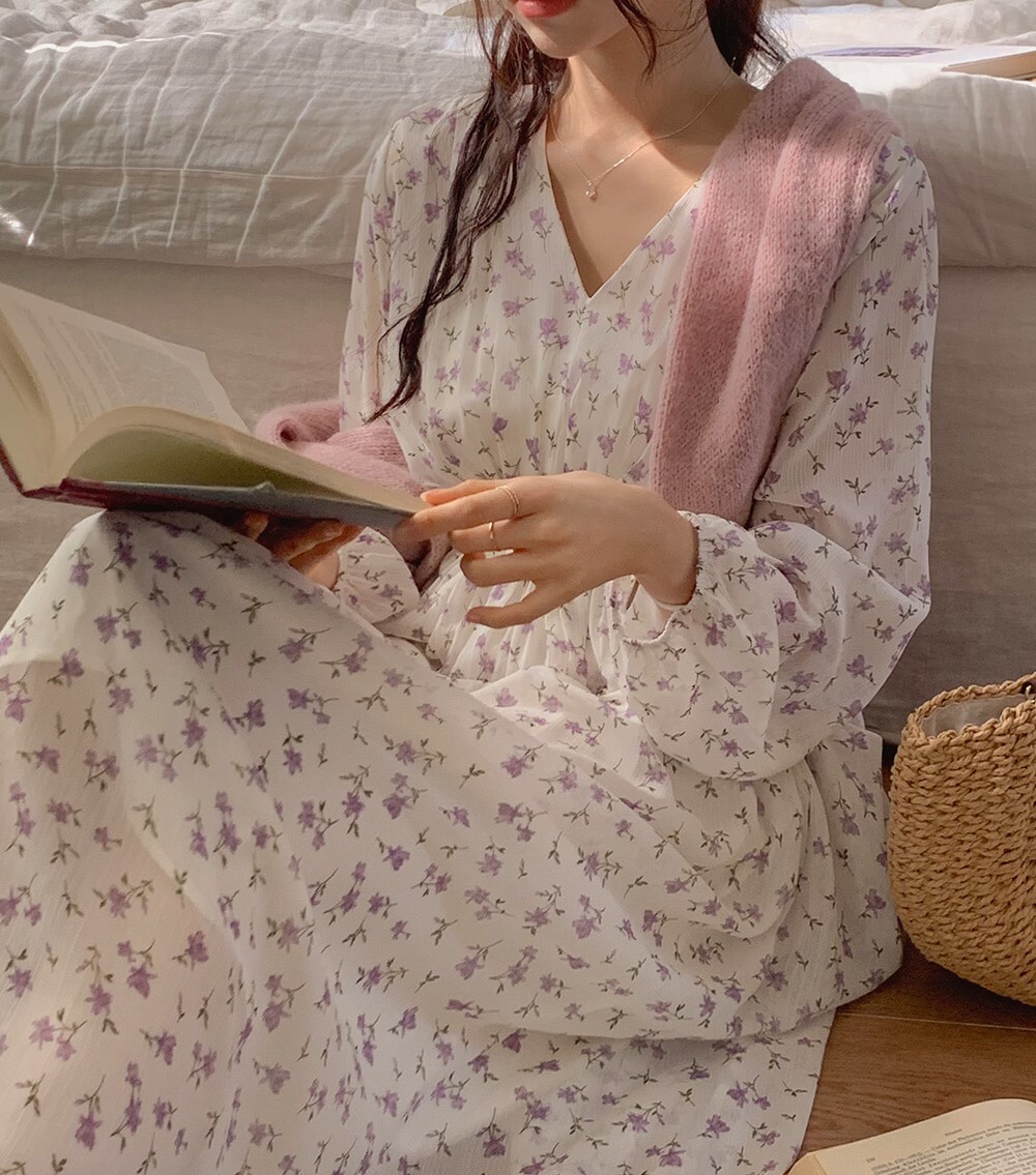 韓國grace muse授權 清純氣質薰衣草透膚雪紡洋裝