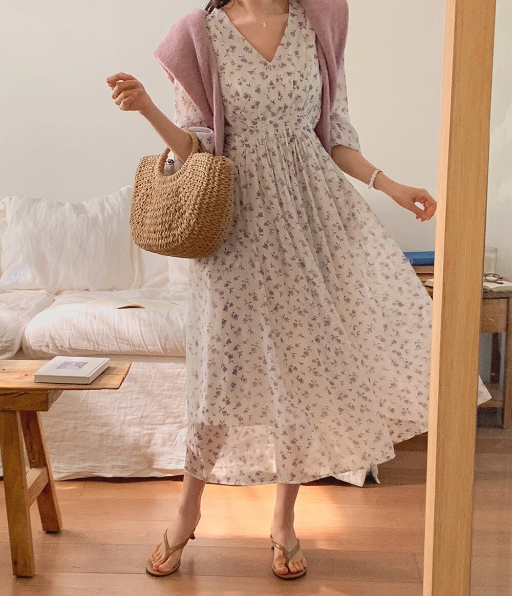 韓國grace muse授權 清純氣質薰衣草透膚雪紡洋裝