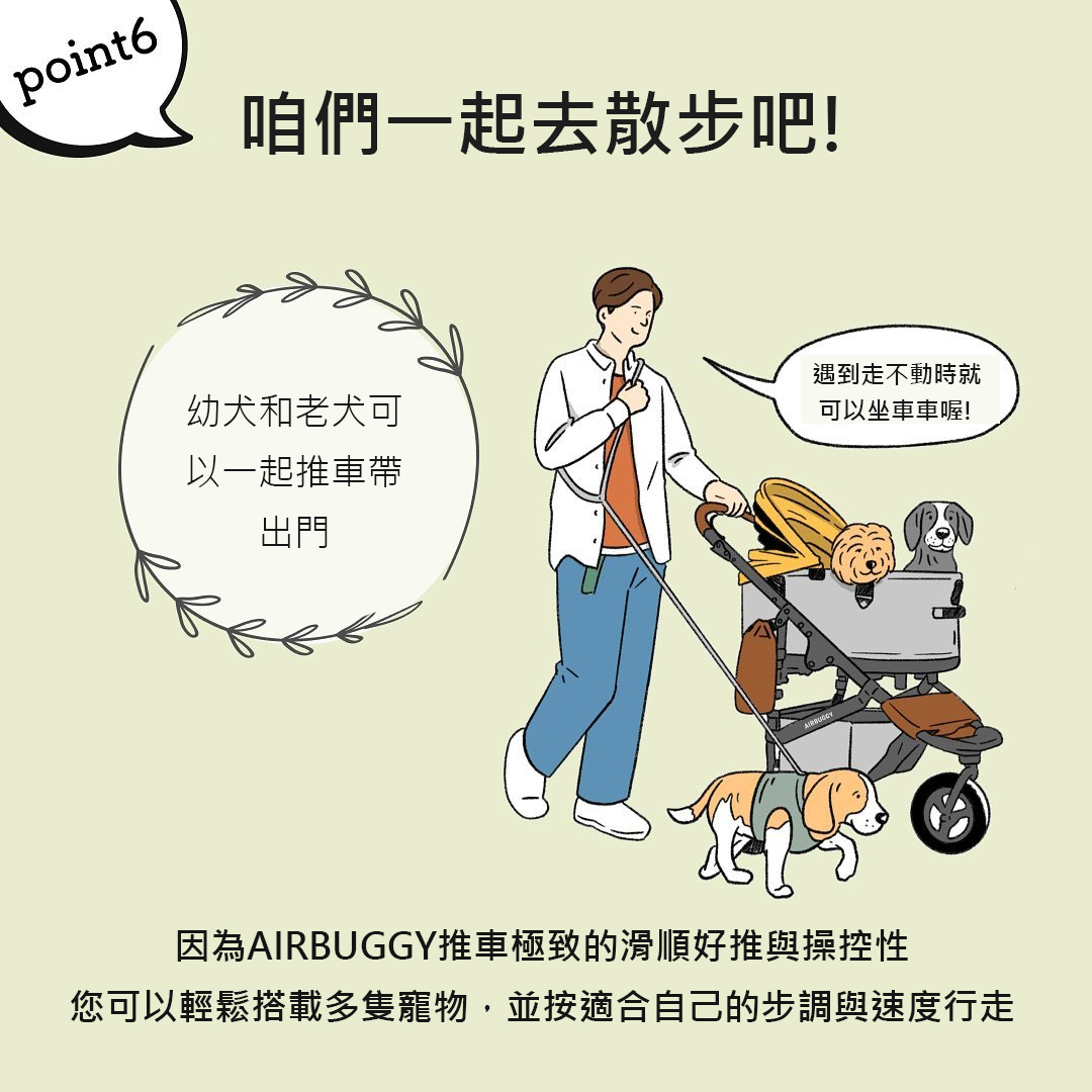 幼犬老犬都能帶出門，按自己步調享受散步樂趣
