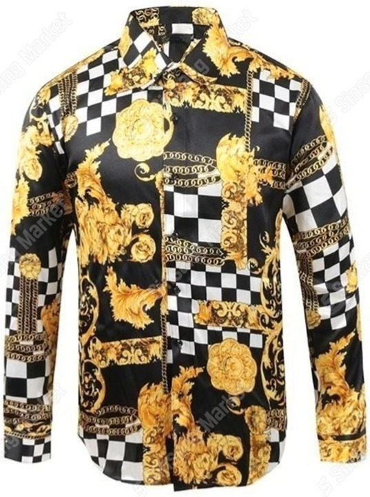 金色棋盤格紋絲綢襯衫