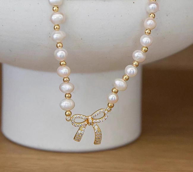 蝴蝶結珍珠項鍊-預購