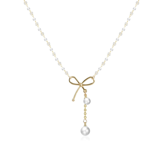 珍珠項鍊搭配蝴蝶結垂珠造型-一色預購