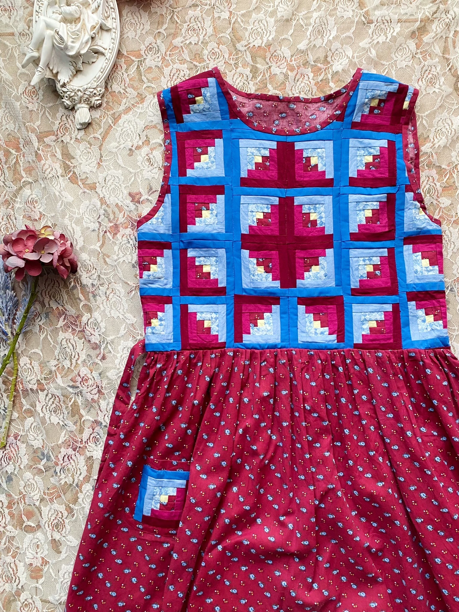 Vintage Dress/古著拼布碎花綁帶洋裝