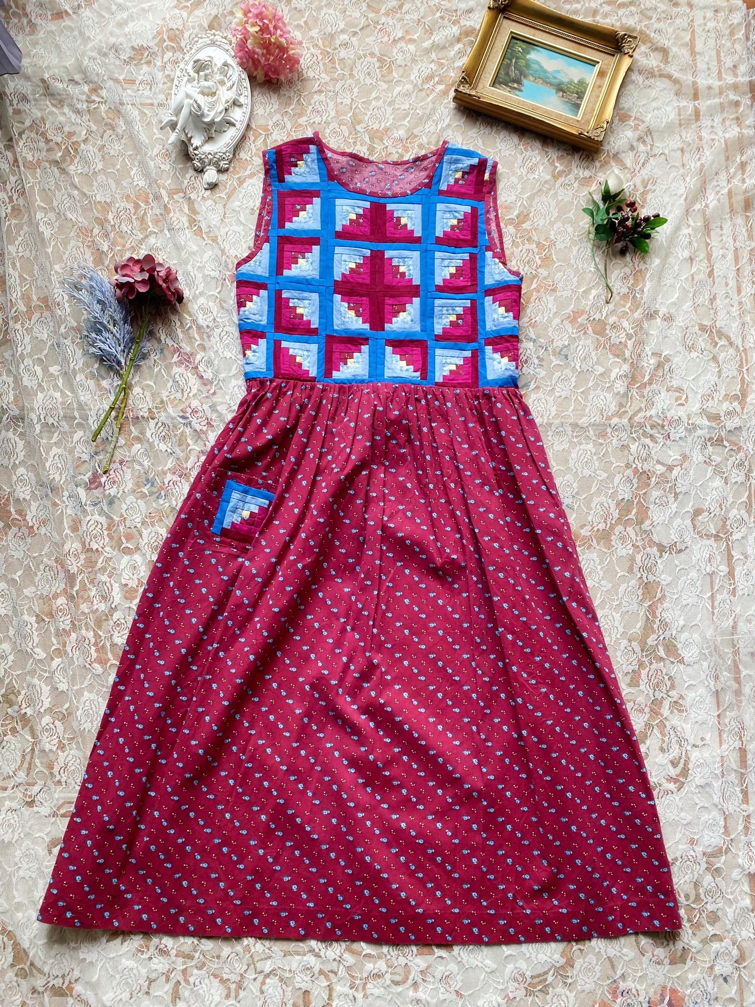 Vintage Dress/古著拼布碎花綁帶洋裝