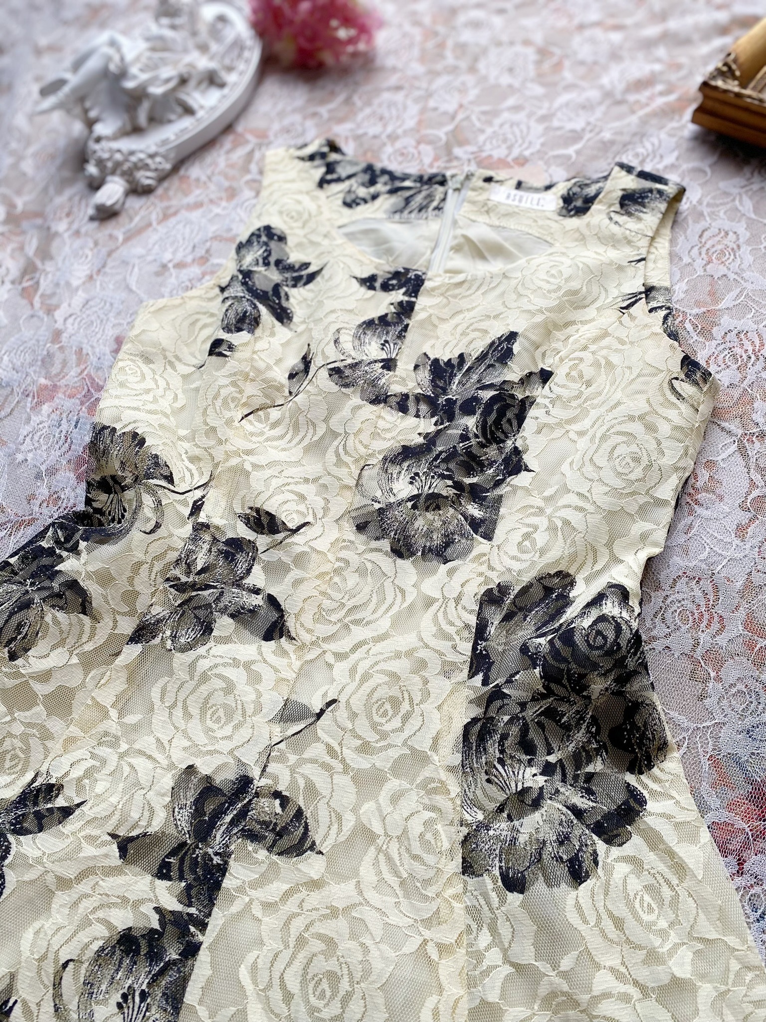 Vintage Dress/古著蕾絲花卉花仙子裙擺洋裝