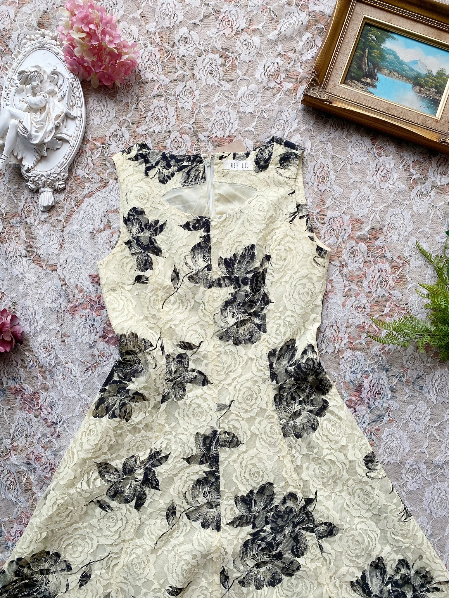 Vintage Dress/古著蕾絲花卉花仙子裙擺洋裝