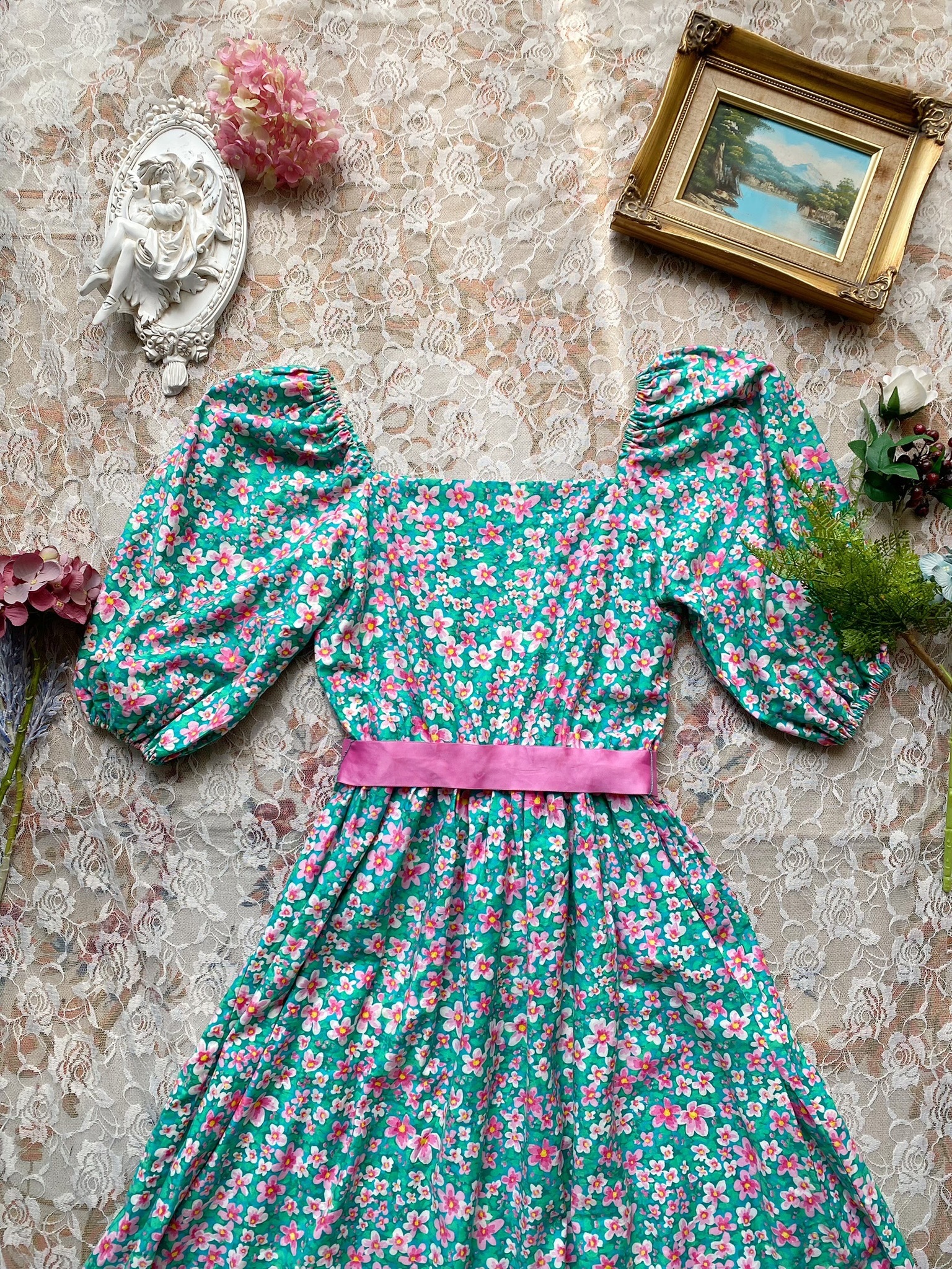 Vintage Dress/芭比粉綁帶藍綠色系方領碎花短洋裝