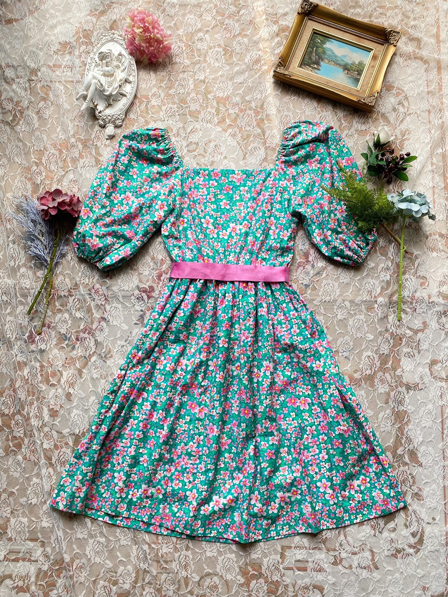 Vintage Dress/芭比粉綁帶藍綠色系方領碎花短洋裝