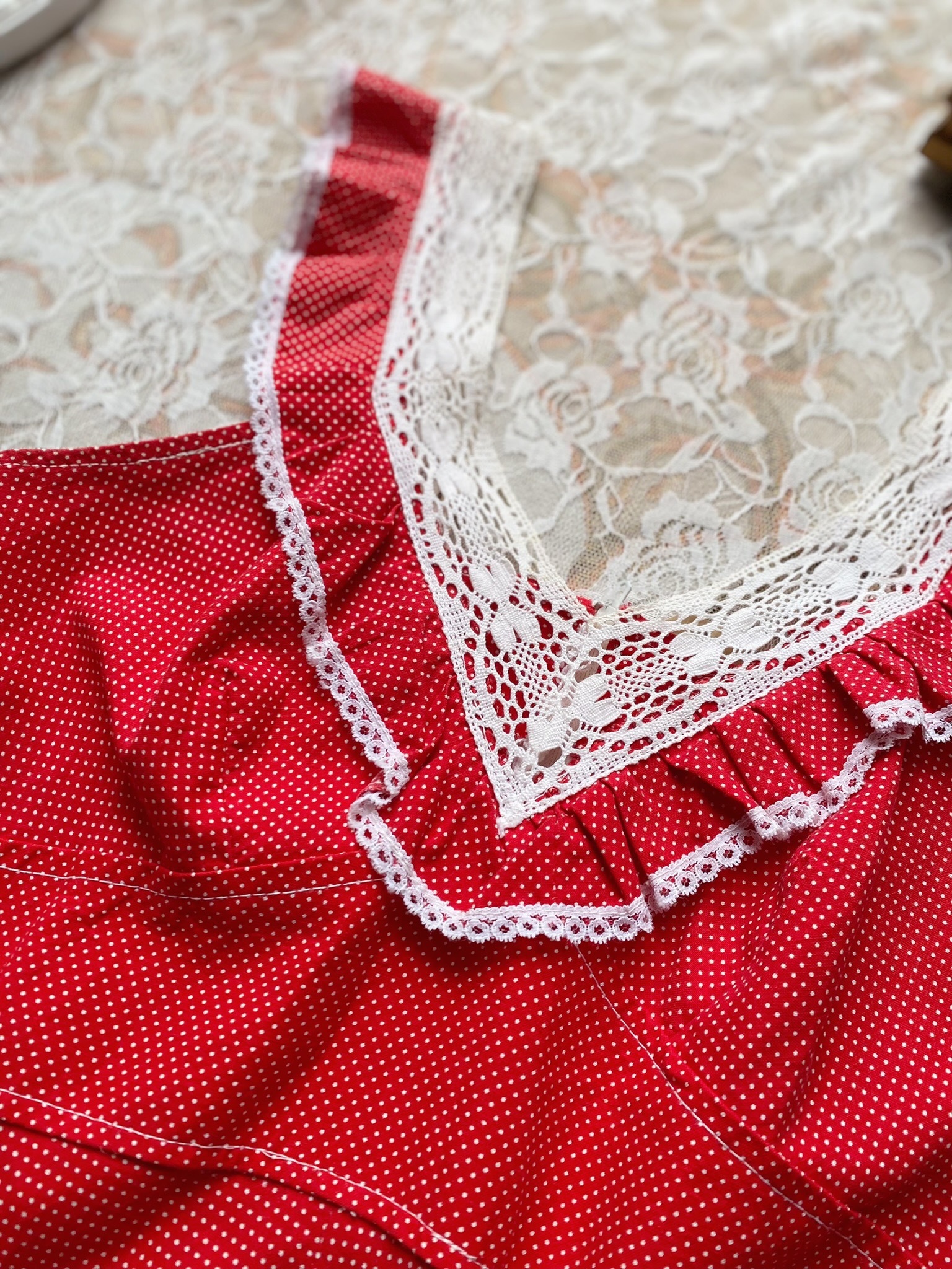 Vintage Dress/古著V領紅色水玉短洋裝