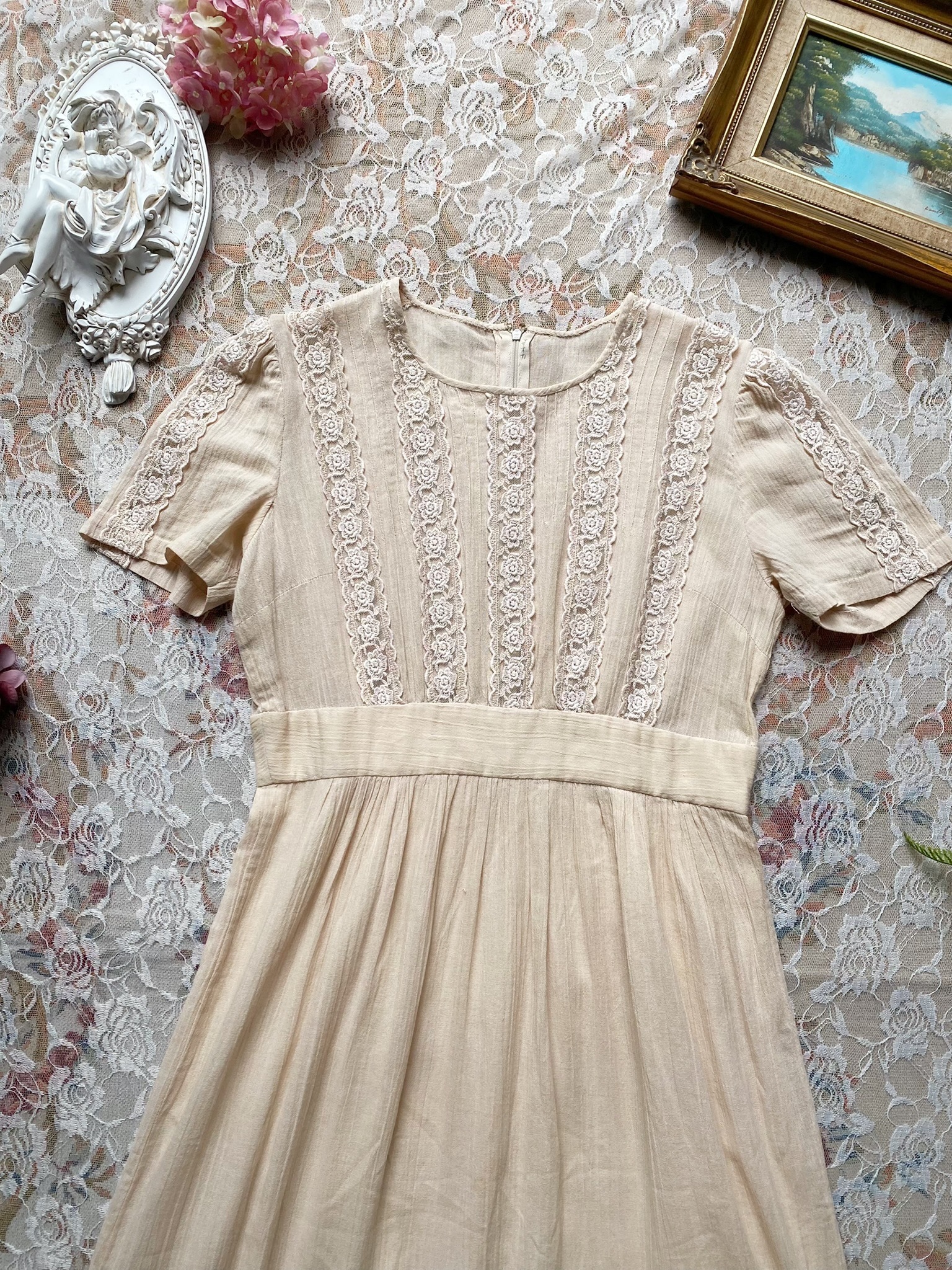 Vintage Dress/古著花卉蕾絲杏色洋裝