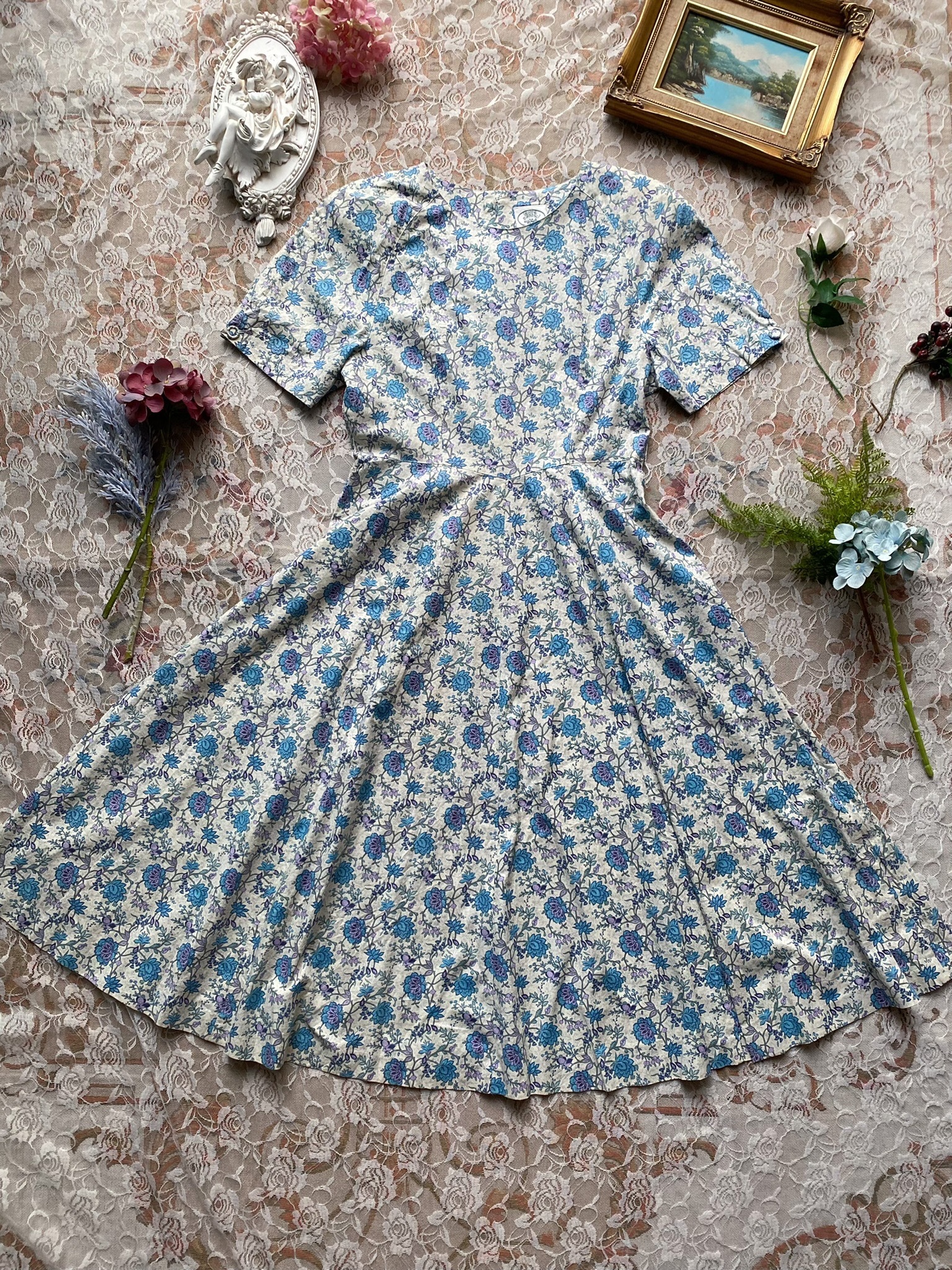 Vintage Dress/LauraAshley藍色花卉短洋裝