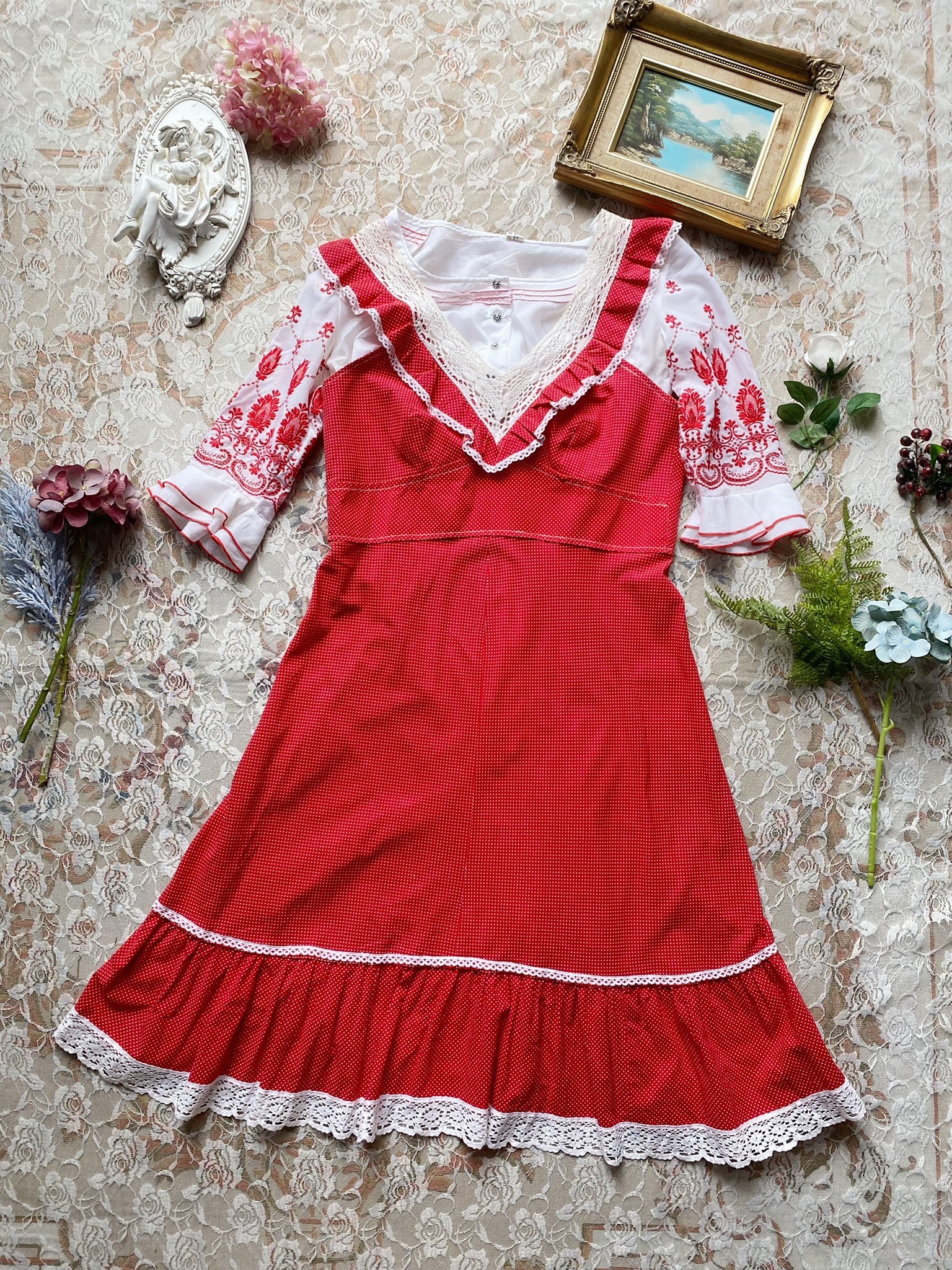 Vintage Dress/古著V領紅色水玉短洋裝