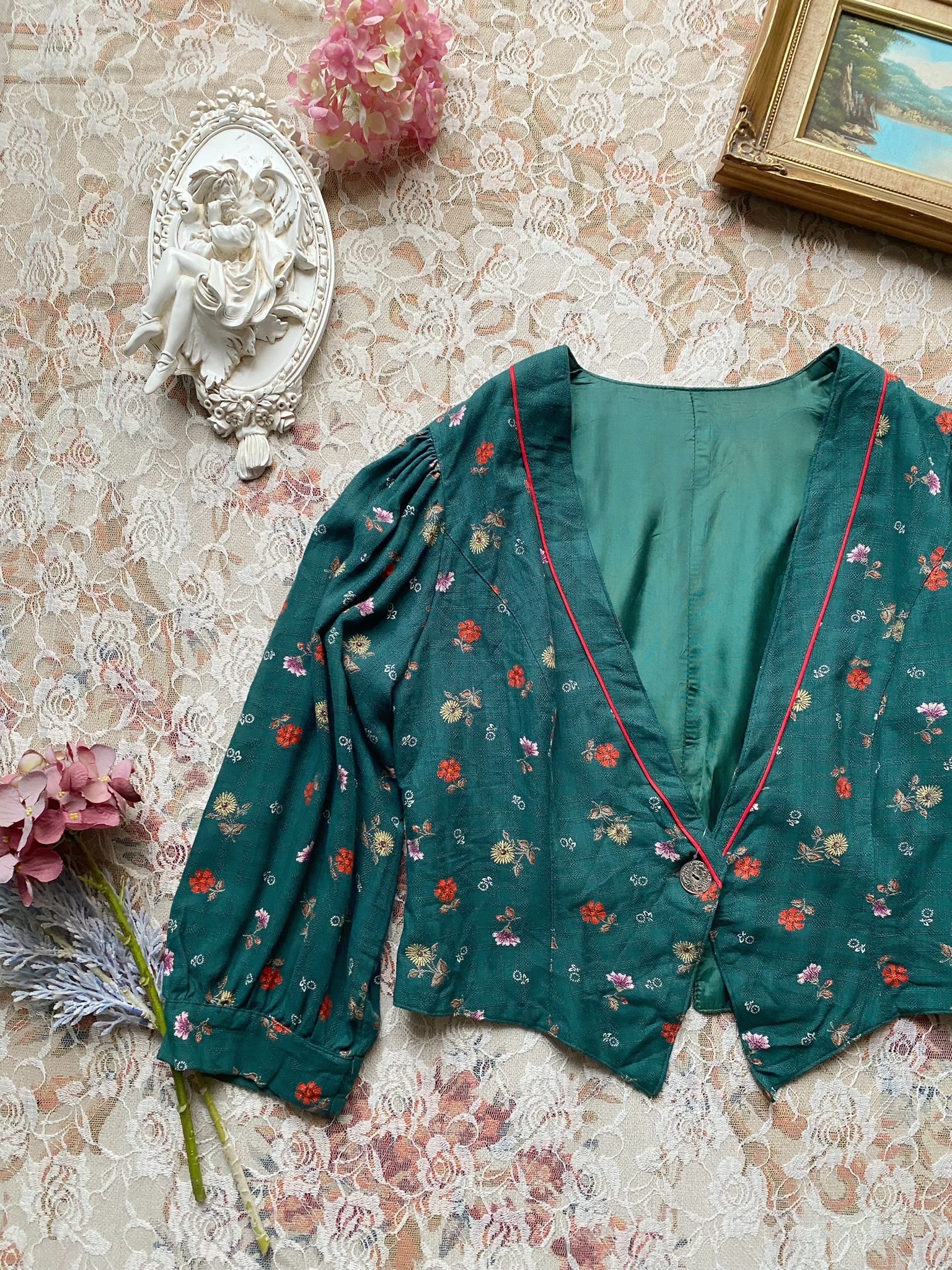 Vintage Jacket/古著藍綠花卉短款外套