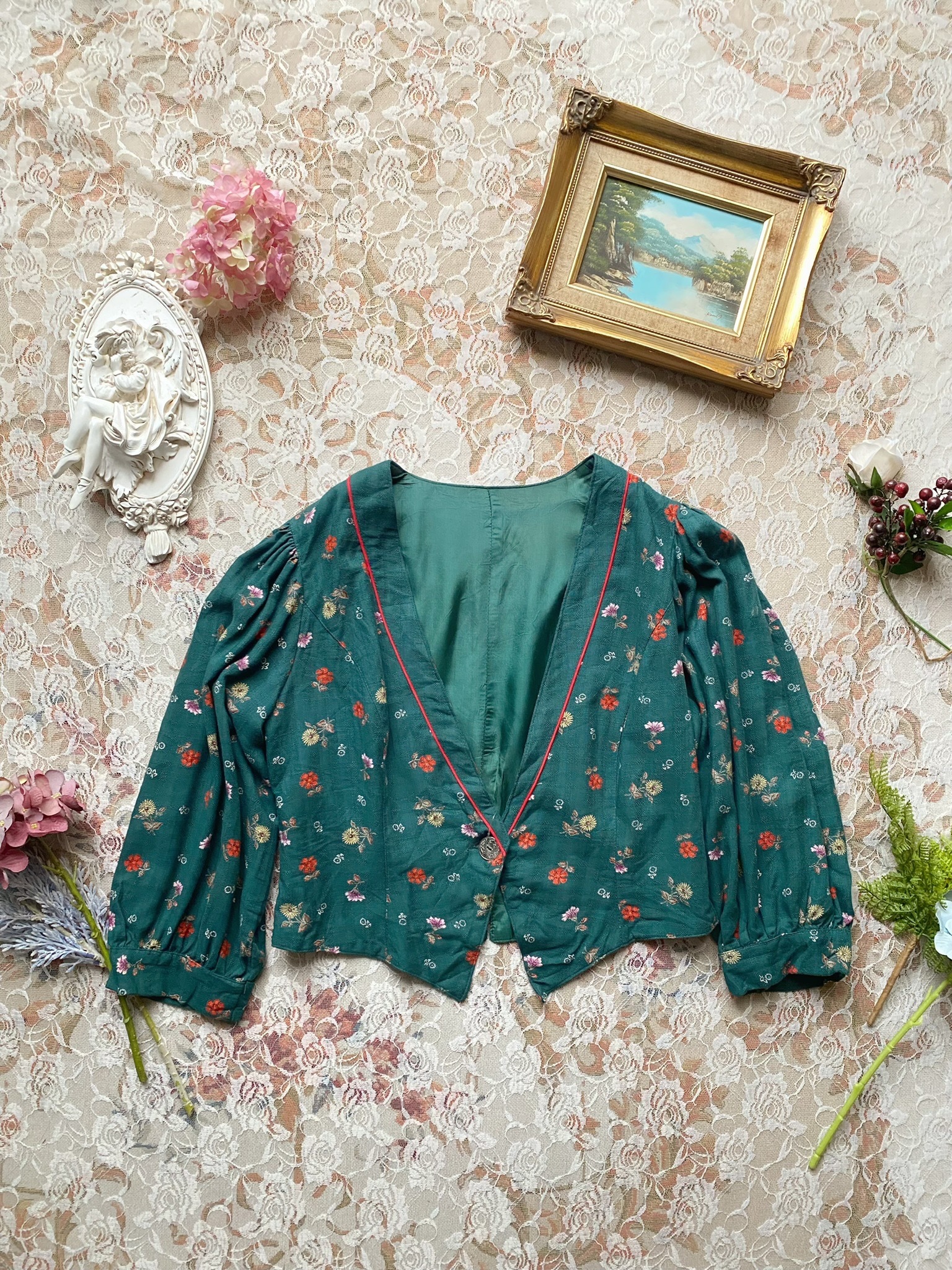 Vintage Jacket/古著藍綠花卉短款外套