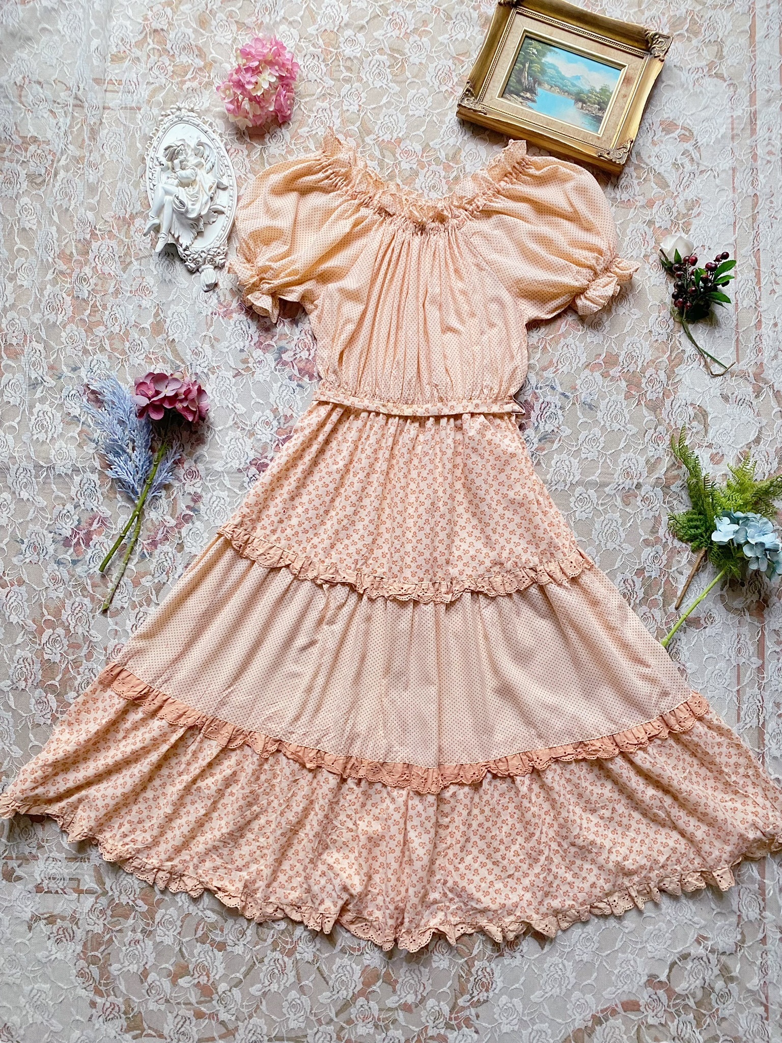 Vintage Dress/古著粉橘水玉蛋糕裙洋裝