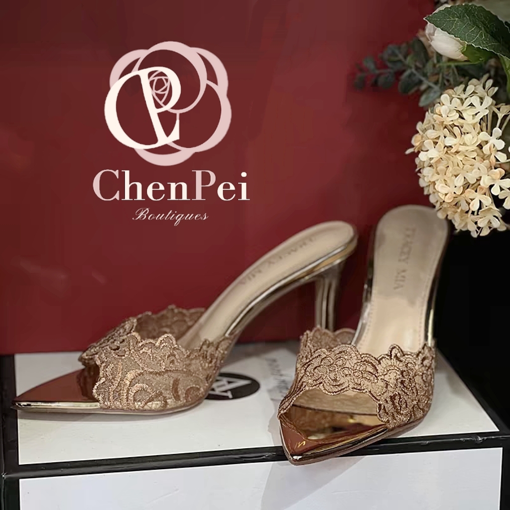 正韓雕花尖頭高跟涼拖