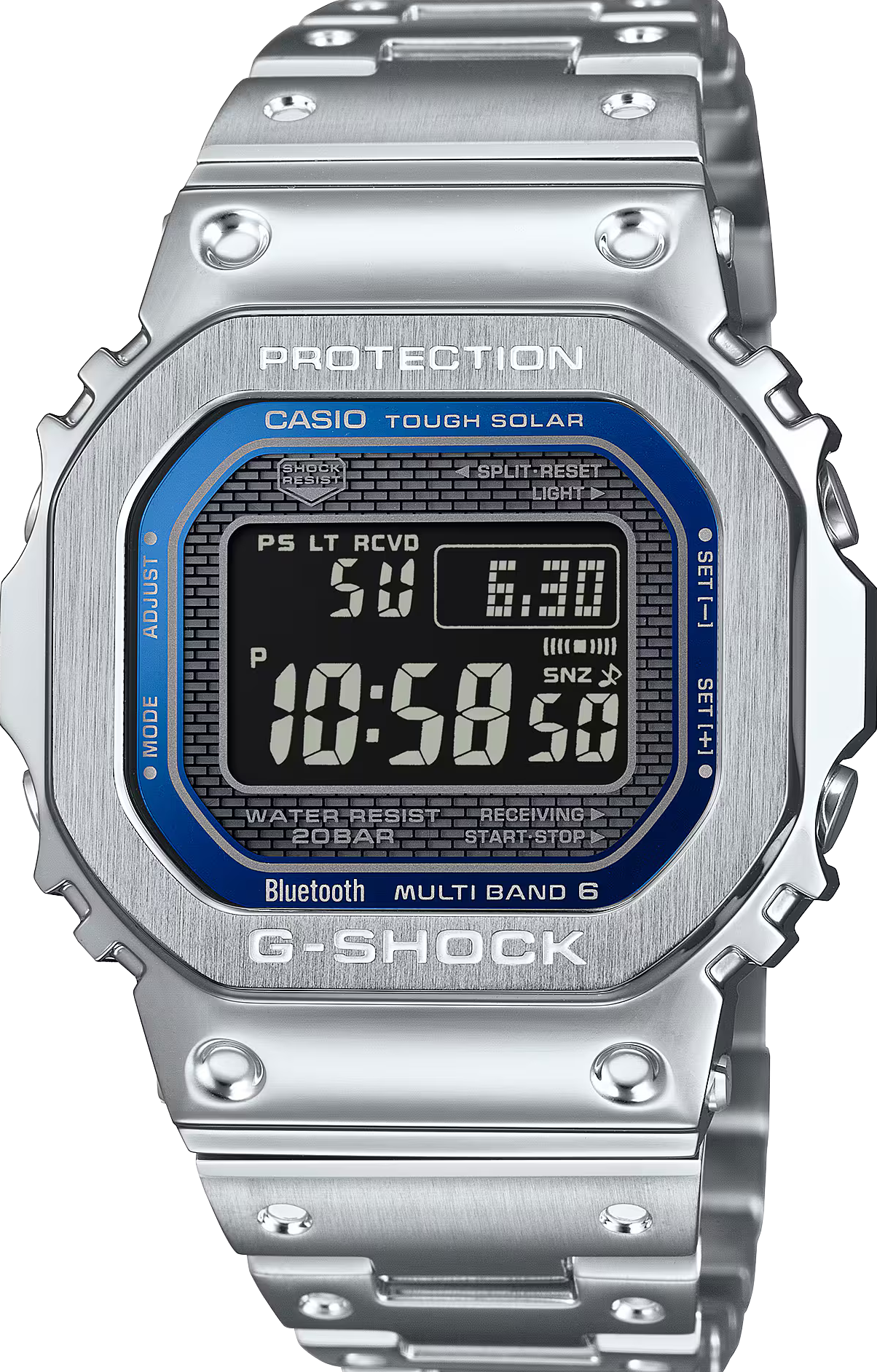 萬年鐘錶 - G-SHOCK   藍色面盤全金屬太陽能藍芽電波防震電子錶  GMW-B5000D-2   錶徑 : 43.2 MM