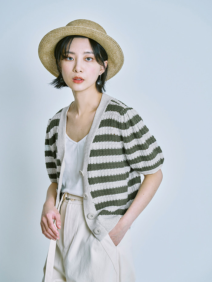 凝歲針織開襟短袖外套-甜菊葉