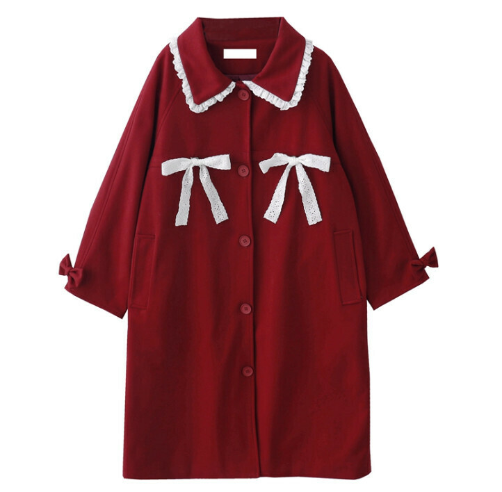 Hot selling bow woolen coat [temperament red] [S-L] (please contact customer service to confirm the delivery size after placing the order)
