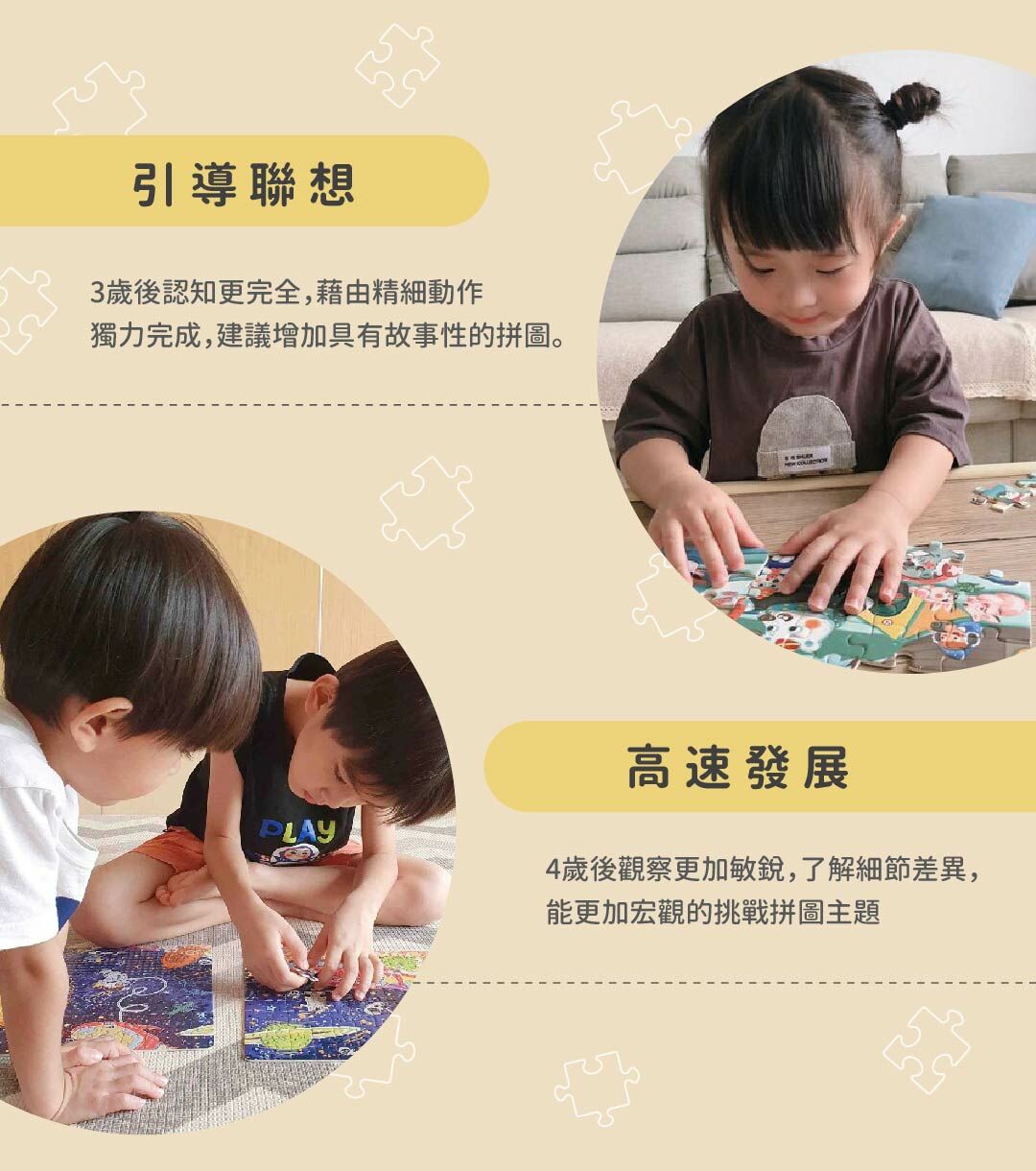 引導聯想,3歲後認知更完全,藉由精細動作獨力完成,建議增加具有故事性的拼圖,高速發展,4歲後觀察更加敏銳,了解細節差異與拼圖主題
