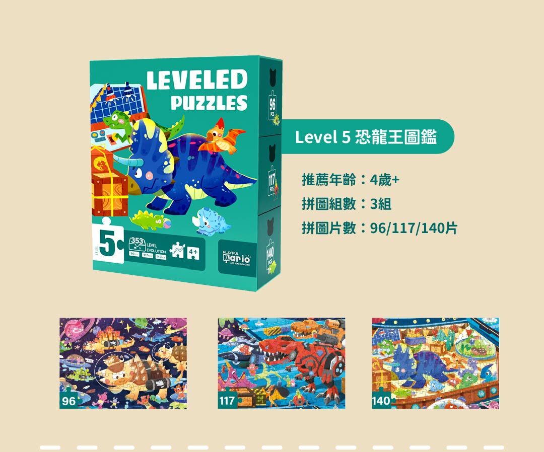 OceanBaby 幼兒雙面拼圖遊戲,等級5恐龍王圖鑑產品資訊,有三份不同片數的拼圖