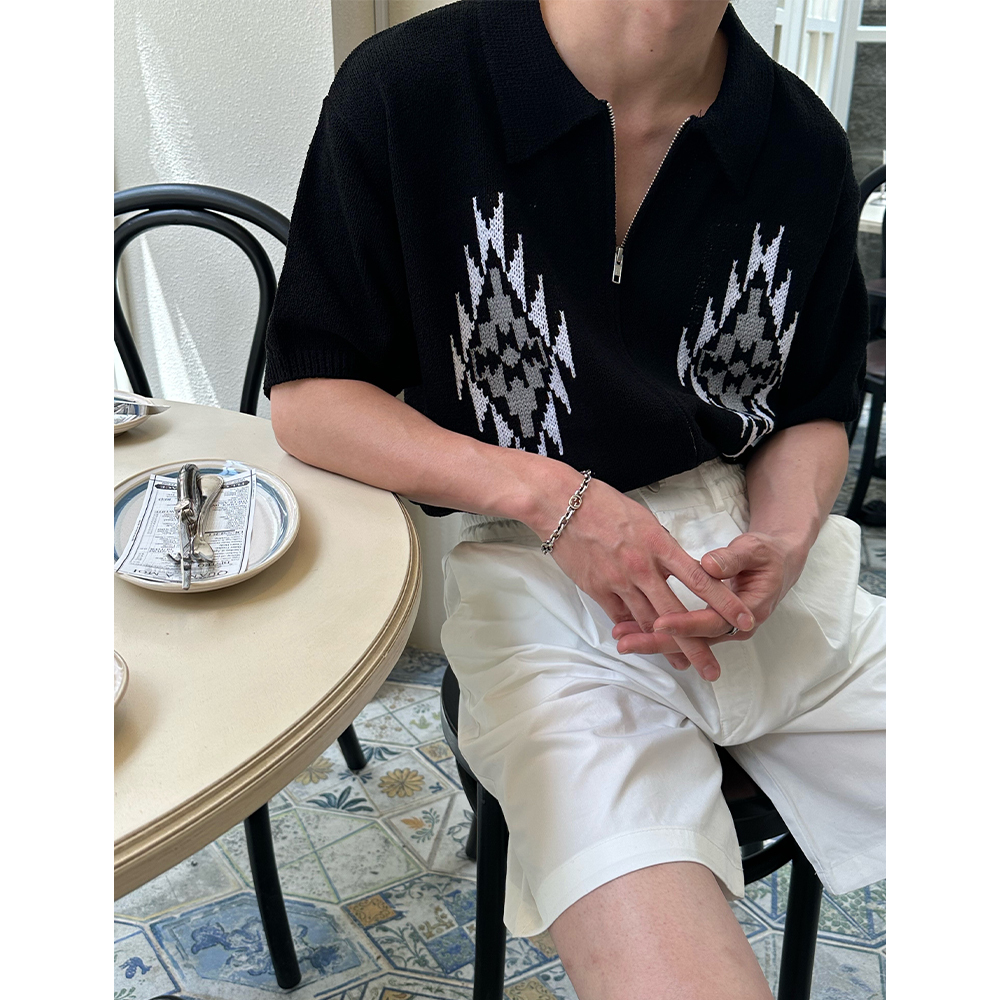 波西米亞風針織拉鍊短袖襯衫