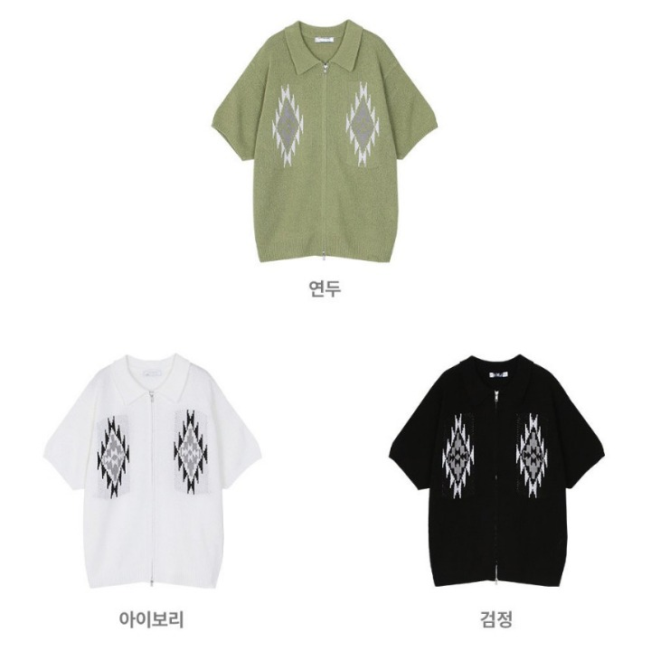 波西米亞風針織拉鍊短袖襯衫