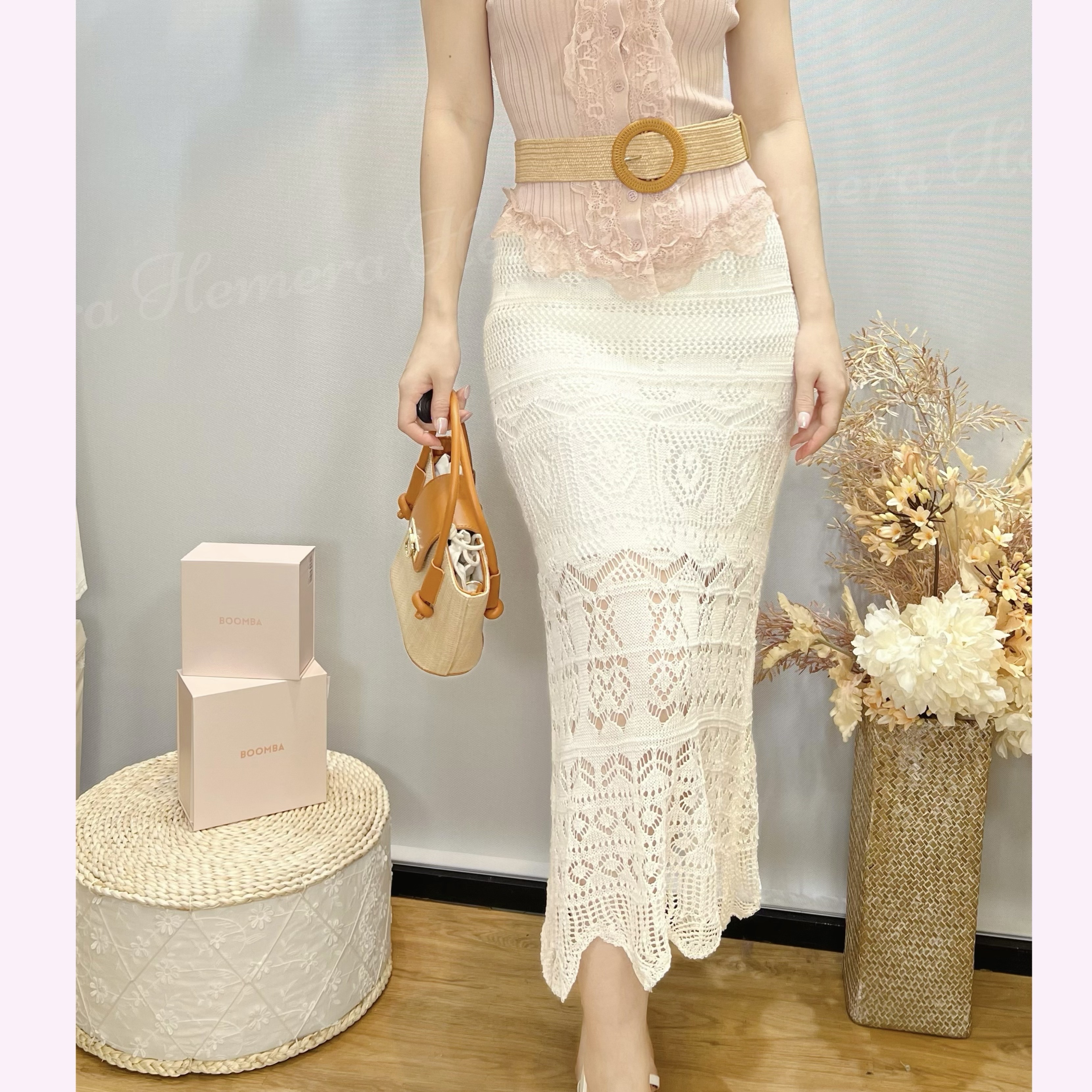 SK24W0504 波希米風通花魚尾中長半身裙