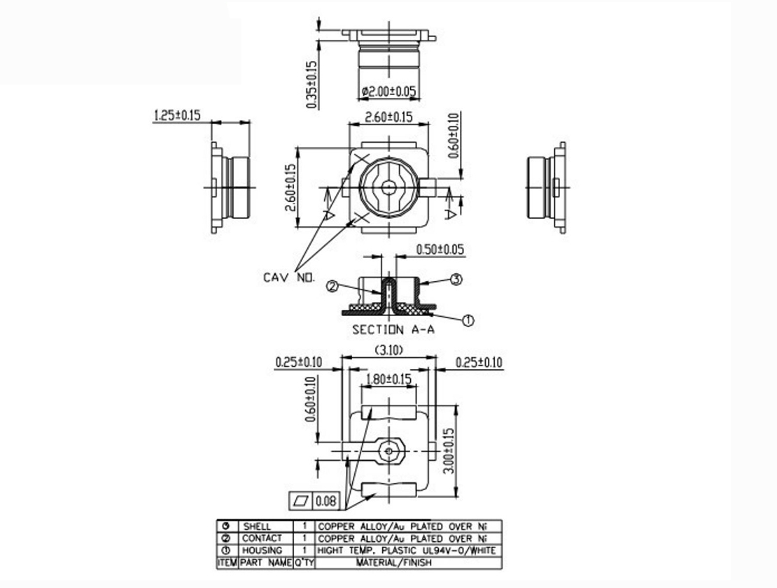 IPEX/IPX接頭 U.FL-R-SMT 貼片,尺寸規格
