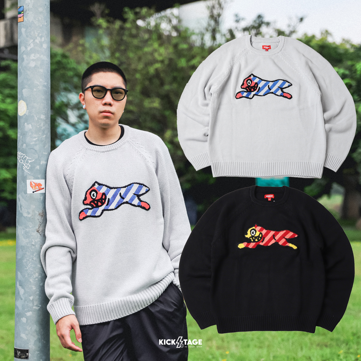 **特價商品售出不退換**BBC ICE CREAM DOUBLE YUM SWEATER 黑 灰 條紋飛狗 植絨 落肩 長袖 毛衣【IC441-1500】