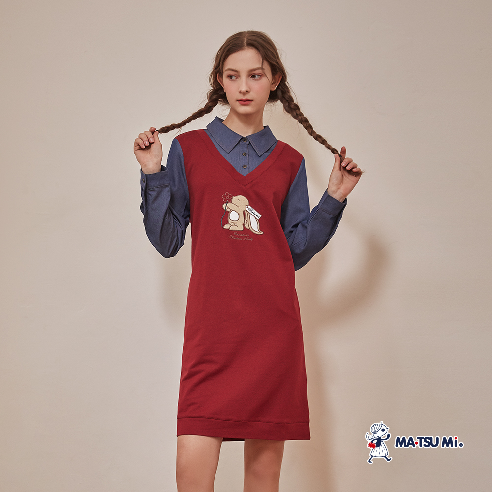 MA‧TSU Mi 翻領動物圖貼布繡撞色洋裝(紅.深藍)