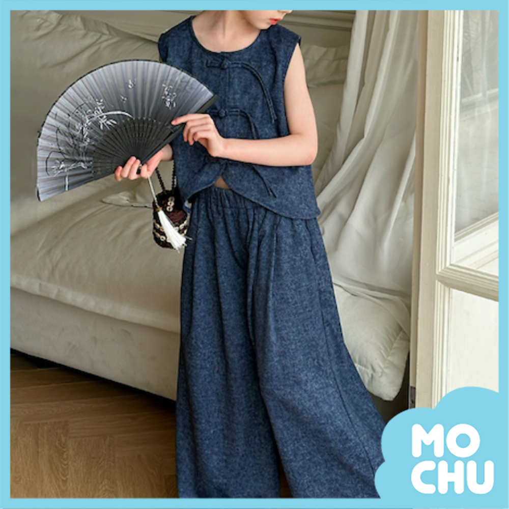 深藍牛仔結釦兩件式套裝