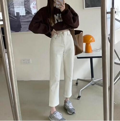 Hot selling straight leg denim cropped pants [white] [S-XL size] (please contact customer service to confirm the delivery size after placing the order)