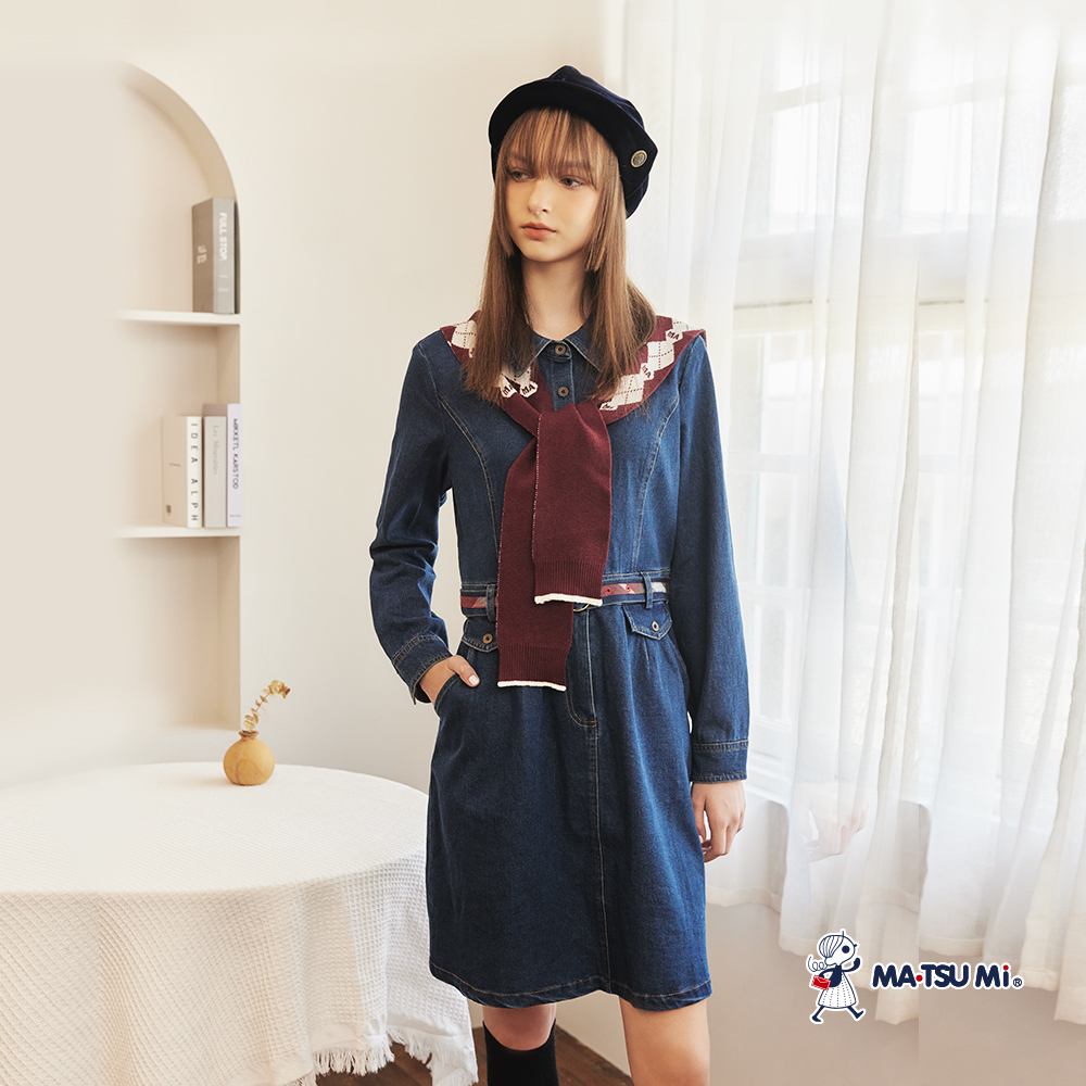 MA‧TSU Mi 丹寧拼接假兩件前綁帶洋裝(深藍)