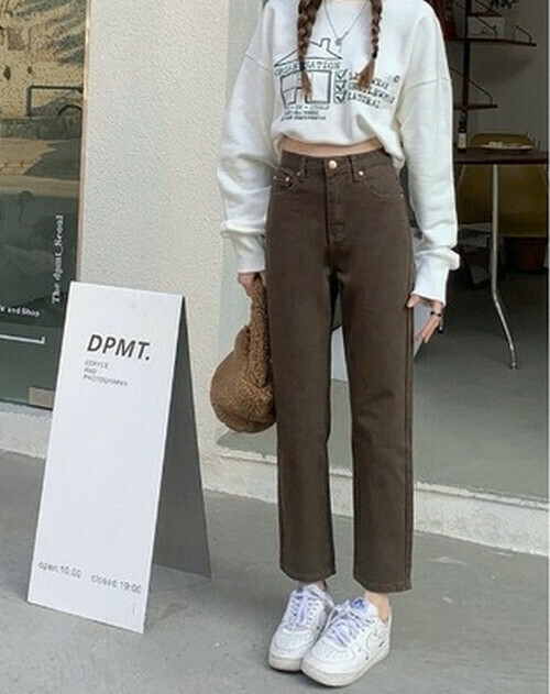 Hot selling straight leg denim cropped pants [Coffee color] [S-XL size] (please contact customer service to confirm the delivery size after placing the order)