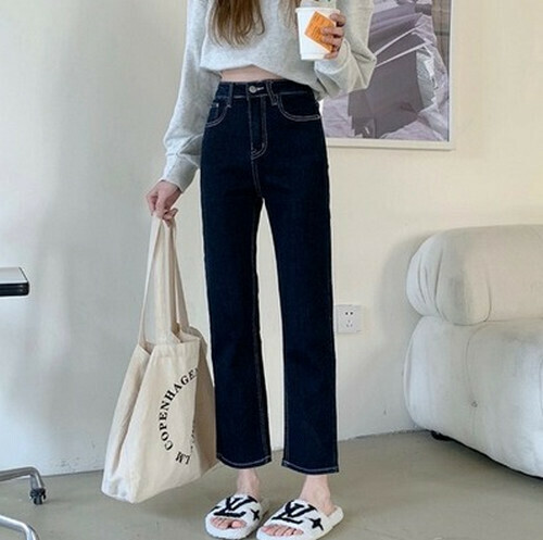Hot selling straight leg denim cropped pants [dark blue] [S-XL size] (please contact customer service to confirm the delivery size after placing the order)