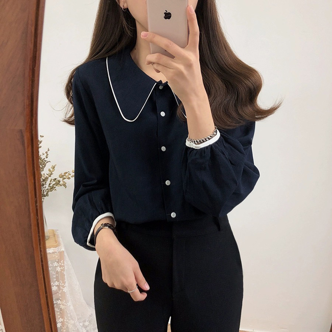 領片可愛氣質感雪紡襯衫-三色