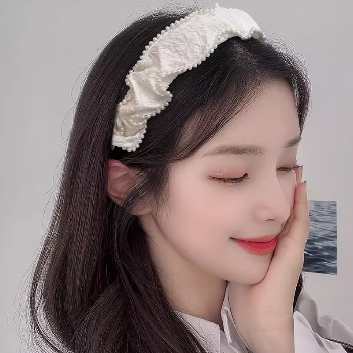 French Pearl Ruched Fabric Headband