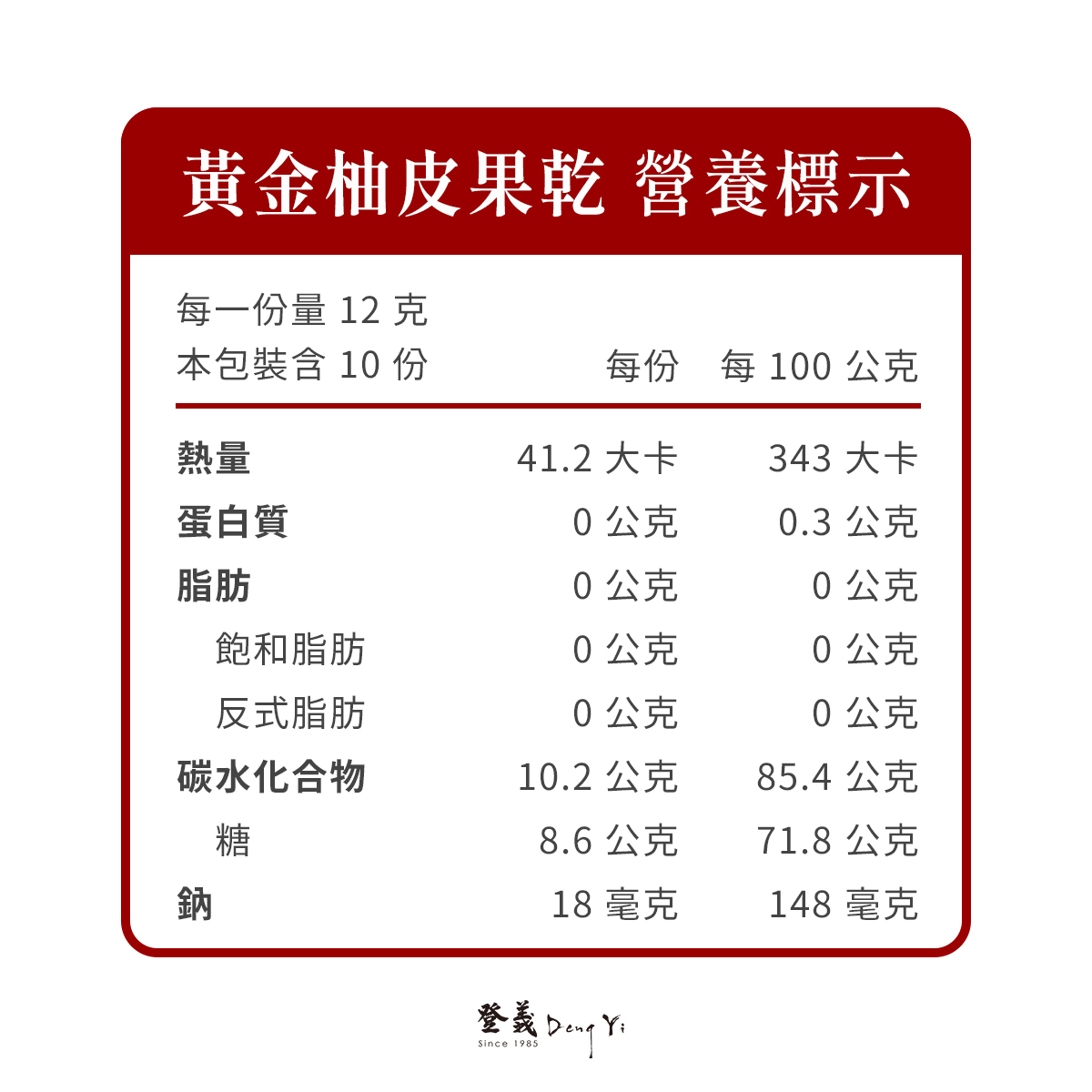 黃金柚皮果乾營養標示