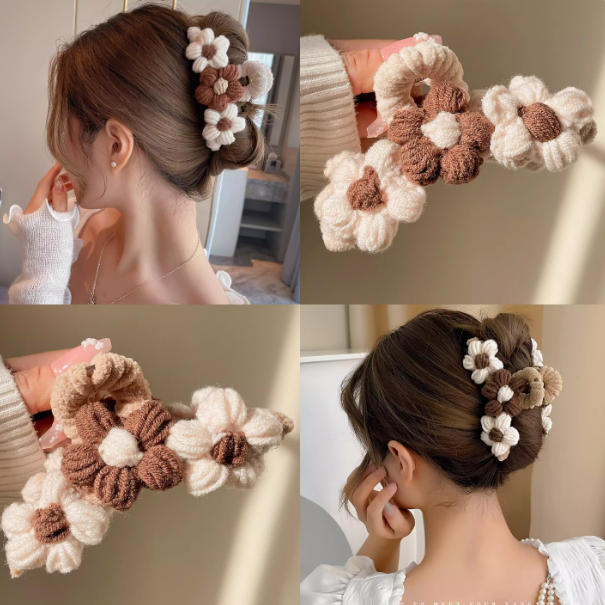 Coffee-Colored Knitted Flower Hair Claw