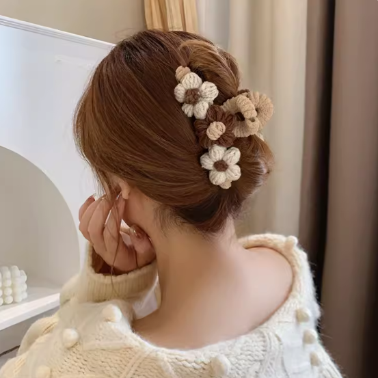 Coffee-Colored Knitted Flower Hair Claw