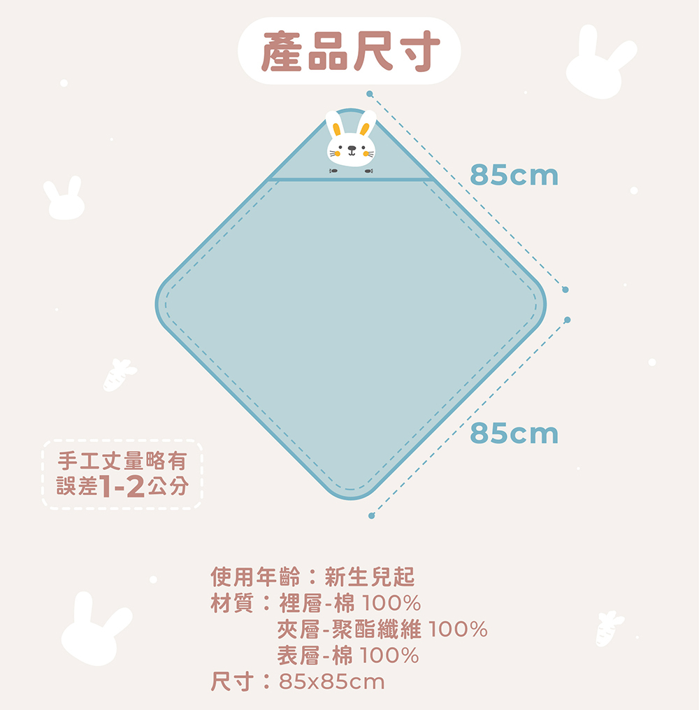 OceanBaby空氣棉多功能連帽包巾產品尺寸85x85cm,新生兒即可使用