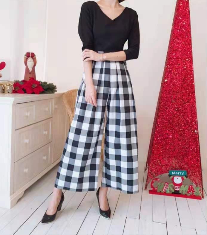 CHECKED M/SLEEVE LONG JUMPSUIT